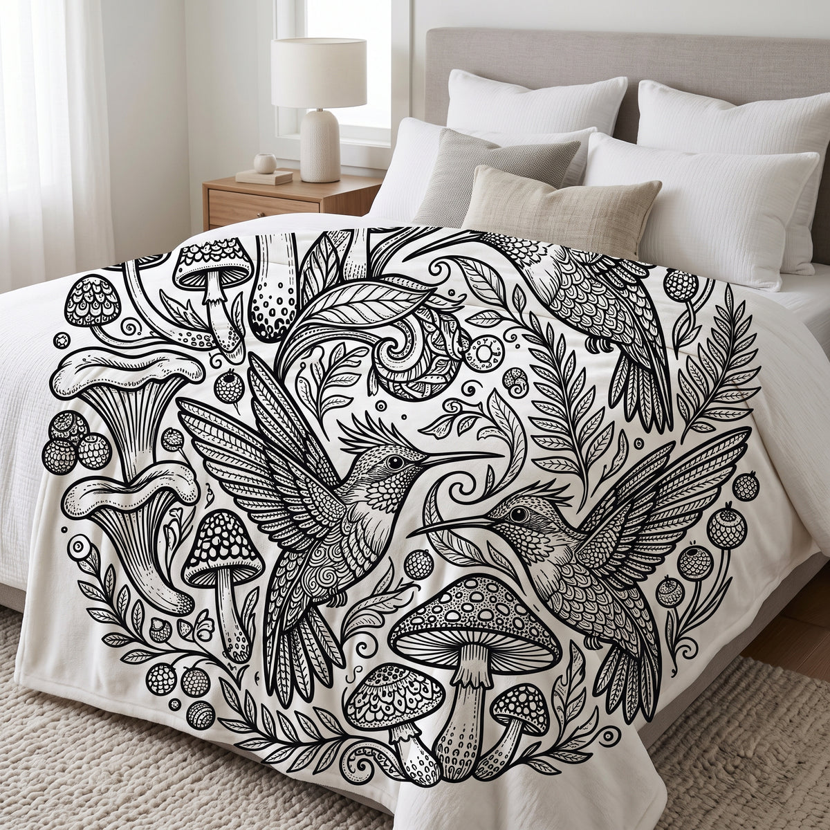 Mushroom & Hummingbird Velveteen Plush Blanket — Black Botanical Circle Throw