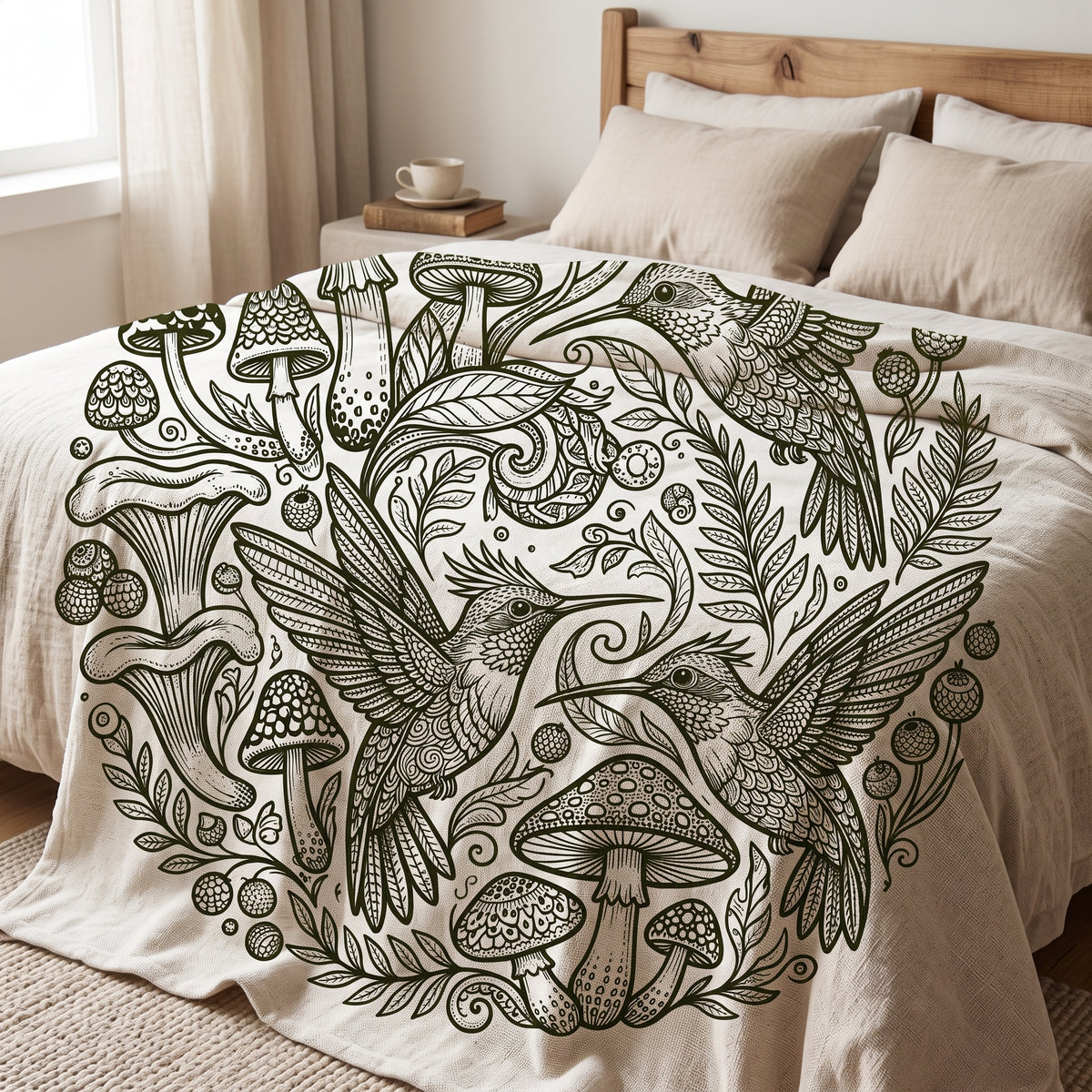 Mushroom & Hummingbird Velveteen Plush Blanket — Black Botanical Circle Throw
