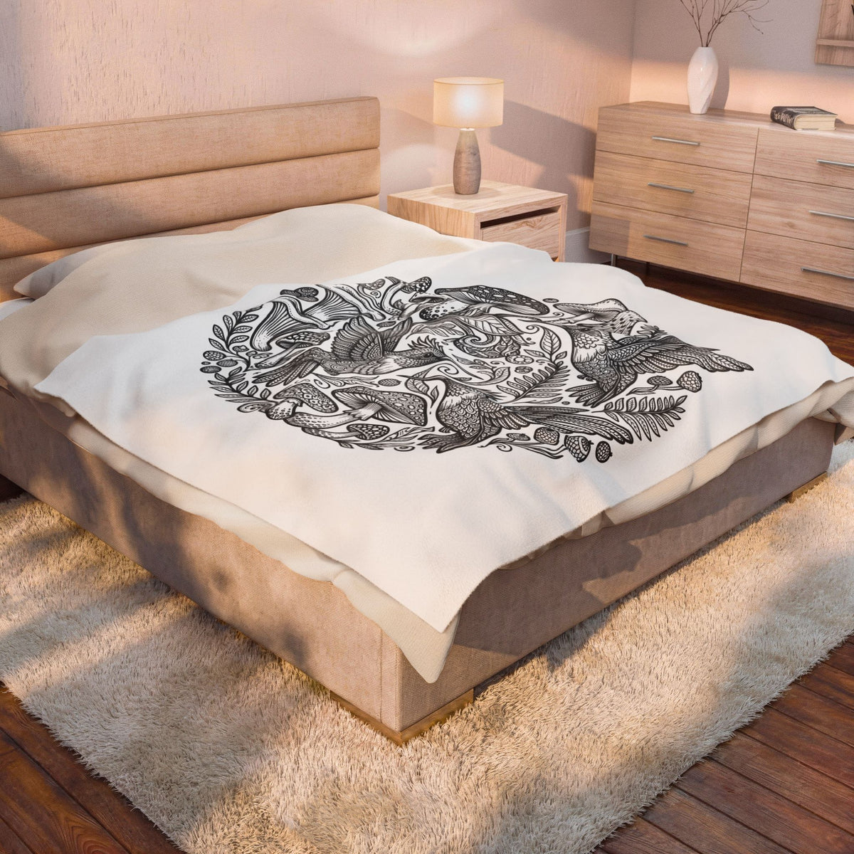 Mushroom & Hummingbird Velveteen Plush Blanket — Black Botanical Circle Throw