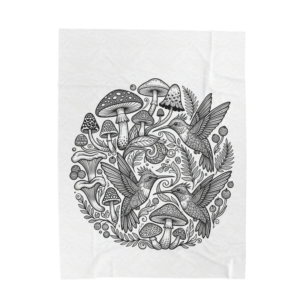 Mushroom & Hummingbird Velveteen Plush Blanket — Black Botanical Circle Throw